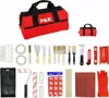 A collection of painting and renovation tools laid out on a white background, including a red tool bag, brushes, spatulas, rollers, tape, sandpaper, and gloves. Produktbild-Vorschau