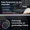 A close-up view of a gaming chair's materials and wheels, with text highlighting product features. Produktbild-Vorschau