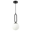 A black pendant light with a decorative oval frame and a white opal glass sphere. Náhled obrázku produktu