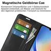 A black leather wallet-style phone case with cards and money inserted, showing its features. Produktbild-Vorschau