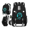 A collage of black backpacks with a glowing blue cartoon character graphic, some showing USB charging ports. Anteprima dell’immagine prodotto