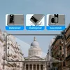Collage of product features and a phone screen displaying a cityscape. Produktbild-Vorschau