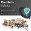 A cat is lying on a white surface, entangled in black cables. The background is dark gray with text and a graphic of a shield and coiled cable. Produktbild-Vorschau