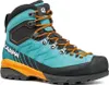 Trekking Schuhe für Damen von Scarpa; Modell Mescalito TRK GTX; in Türkis mit orangefarbenen Schnürsenkeln und schwarzem Obermaterial. Produktbild-Vorschau