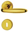 A product shot of a gold-colored door handle and a keyhole escutcheon on a white background. Podgląd zdjęcia produktu