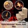Collage of images showing fire, marshmallows being toasted, logs in a fireplace, and a fire starter on a grill, with text overlay. Produktbild-Vorschau