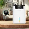 A white dehumidifier with a digital display and colorful LED indicator is placed on a wooden table in a living room setting. Náhľad obrázku produktu