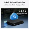 A black surveillance device with a blue cloud icon and an SD card next to it, set against a background of multiple surveillance camera feeds. Produktbild-Vorschau