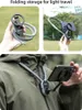 Collage showing a neck phone holder in use and folded for storage. Produktbild-Vorschau