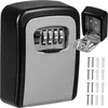 A black and silver combination lock key safe box is shown with its lid open, revealing keys inside. Screws and wall plugs are also visible. Podgląd zdjęcia produktu