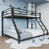 A child's bedroom with a black metal bunk bed, decorated with a banner and toys on the floor. Produktbild-Vorschau