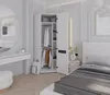 A modern bedroom with a white corner wardrobe, a vanity table with a round mirror, and a bed. Produktbild-Vorschau