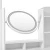 A close-up view of a white vanity table with a lighted mirror and shelves. Produktbild-Vorschau