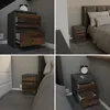 A collage of four images showing a modern nightstand with wooden drawer fronts in different bedroom settings. Voir les images du produit