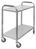 A stainless steel serving cart with two shelves and gray handles, shown against a white background. Produktbild-Vorschau