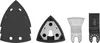 A set of accessories for a multi-tool, including sanding pads, a sanding pad holder, and cutting blades, arranged on a white background. Produktbild-Vorschau