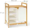 A bamboo laundry basket with fabric compartments and shelves, shown with dimensions indicated. Náhled obrázku produktu