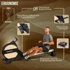 A man is using a rowing machine, with various features highlighted by text and inset images. Produktbild-Vorschau