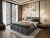 A modern bedroom with a large bed, wooden wall accents, and stylish lighting. Produktbild-Vorschau