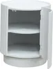 A white, round side table with its door open, revealing two shelves inside. The table has a fluted exterior and sits on a pedestal base. Anteprima dell’immagine prodotto