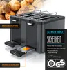 A toaster with bread in the background and marketing text overlays. Produktbild-Vorschau