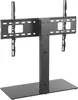A black metal TV stand with a wide base and two vertical arms for mounting a television. Anteprima dell’immagine prodotto