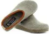 A pair of beige wool slippers with brown trim is shown against a white background. Produktbild-Vorschau
