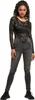 A woman wearing a black lace bodysuit and grey jeans, posing against a white background. Produktbild-Vorschau