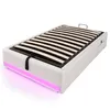 A white bed frame with a slatted mattress support and LED lighting along the bottom. Voir les images du produit