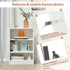 A white bookshelf with books and decorative items, with marketing overlays showing safety features. Podgląd zdjęcia produktu