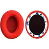 Two red ear pads for headphones are shown against a white background. One ear pad is shown from the side, and the other is shown from the back, revealing the adhesive tape. Produktbild-Vorschau
