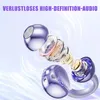 An exploded view of a purple earbud, showing its internal components, against a light blue and white abstract background. Produktbild-Vorschau