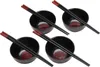 Four black ceramic bowls with red decorative patterns inside, each with a pair of black chopsticks resting on top. Náhled obrázku produktu