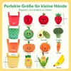 A collection of plush fruits and vegetables, along with baskets, displayed against a yellow and white background. Text overlays describe the products and their features. Produktbild-Vorschau
