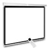A white projection screen with a black border and a white remote control in the foreground. Produktbild-Vorschau