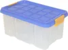 A clear studio shot of a plastic storage box with a blue lid and yellow clasps. Produktbild-Vorschau