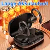 A pair of black open-ear Bluetooth headphones with their charging case, displayed alongside glowing battery icons and a smartphone. Produktbild-Vorschau