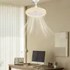 A ceiling fan with integrated lighting is shown active, circulating air. A desk with a computer and books is visible below, suggesting a home office or study setting. The overall scene is well-lit and organized. Voir les images du produit