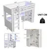 A diagram showing the dimensions of a white loft bed with integrated desk and storage. Anteprima dell’immagine prodotto