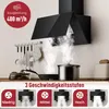 A black kitchen hood is shown above a stove with pots and steam, with promotional text and icons below. Produktbild-Vorschau