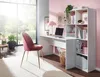 A modern home office setup with a white desk and shelving unit, a pink chair, and plants. Voir les images du produit