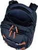 A navy blue backpack with brown leather accents is shown from a top-down perspective, with its main compartment open. Podgląd zdjęcia produktu