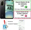 Comparison of two versions of Xiaomi Redmi A5 4G with their dimensions and compatibility indicators, along with a screenshot of phone settings. Produktbild-Vorschau
