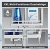 A shower caddy with bottles of shampoo and shower gel, with close-up views of its features. Produktbild-Vorschau