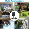 A collage of images showing various applications of a solar water pump, including an aquarium, garden fountains, and a pet water dispenser. Produktbild-Vorschau