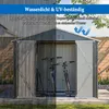 A metal shed with two bicycles inside, shown in both rainy and sunny conditions to highlight its waterproof and UV-resistant features. Produktbild-Vorschau
