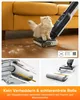 A cat is sitting on a floor cleaning device, with fur scattered around. Below are close-up diagrams of the cleaning roller. Produktbild-Vorschau