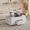 A white lift-top coffee table with storage and stools is shown in a living room setting. Podgląd zdjęcia produktu