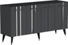 A dark gray sideboard with silver decorative stripes and chrome handles, standing on four black legs with chrome feet. Anteprima dell’immagine prodotto