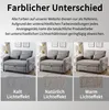 A collage of three images showing a gray sofa in different lighting conditions, with close-ups of the fabric texture and text describing the lighting effects. Produktbild-Vorschau